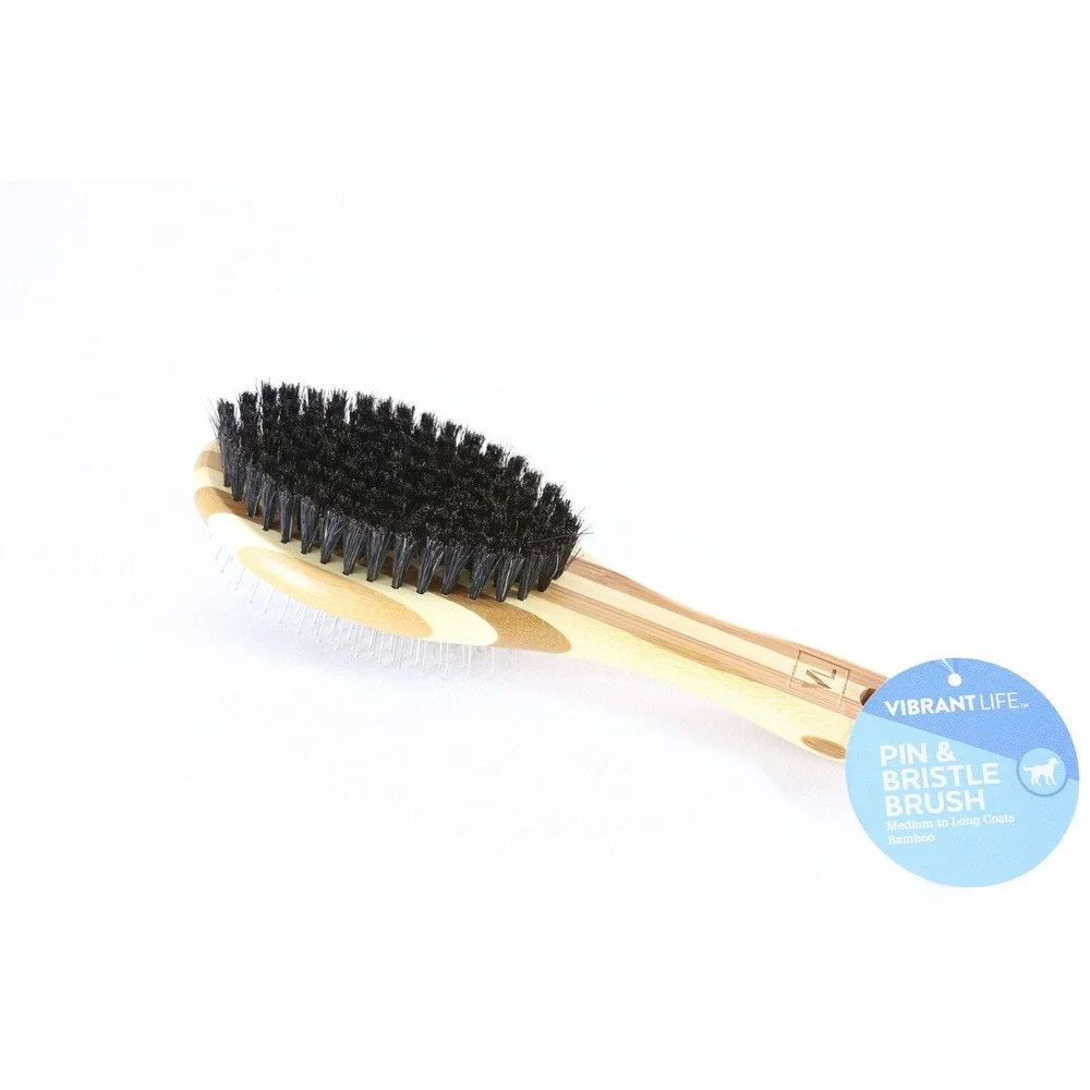 Vibrant Life Pin & Bristle Grooming Brush Bamboo Handle for Medium to Long Coats